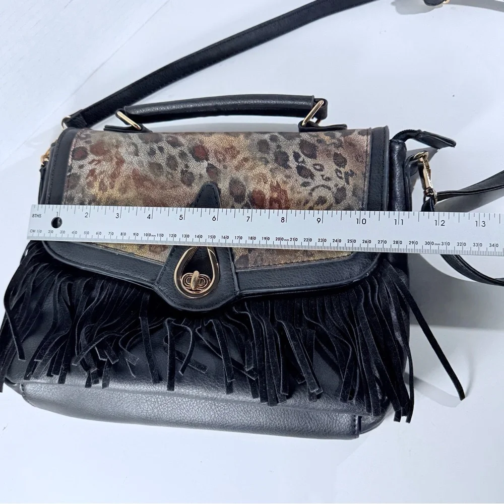 Femina Fringe Leopard Print Black Handbag Gold Interior Detachable Strap - Picture 15 of 16